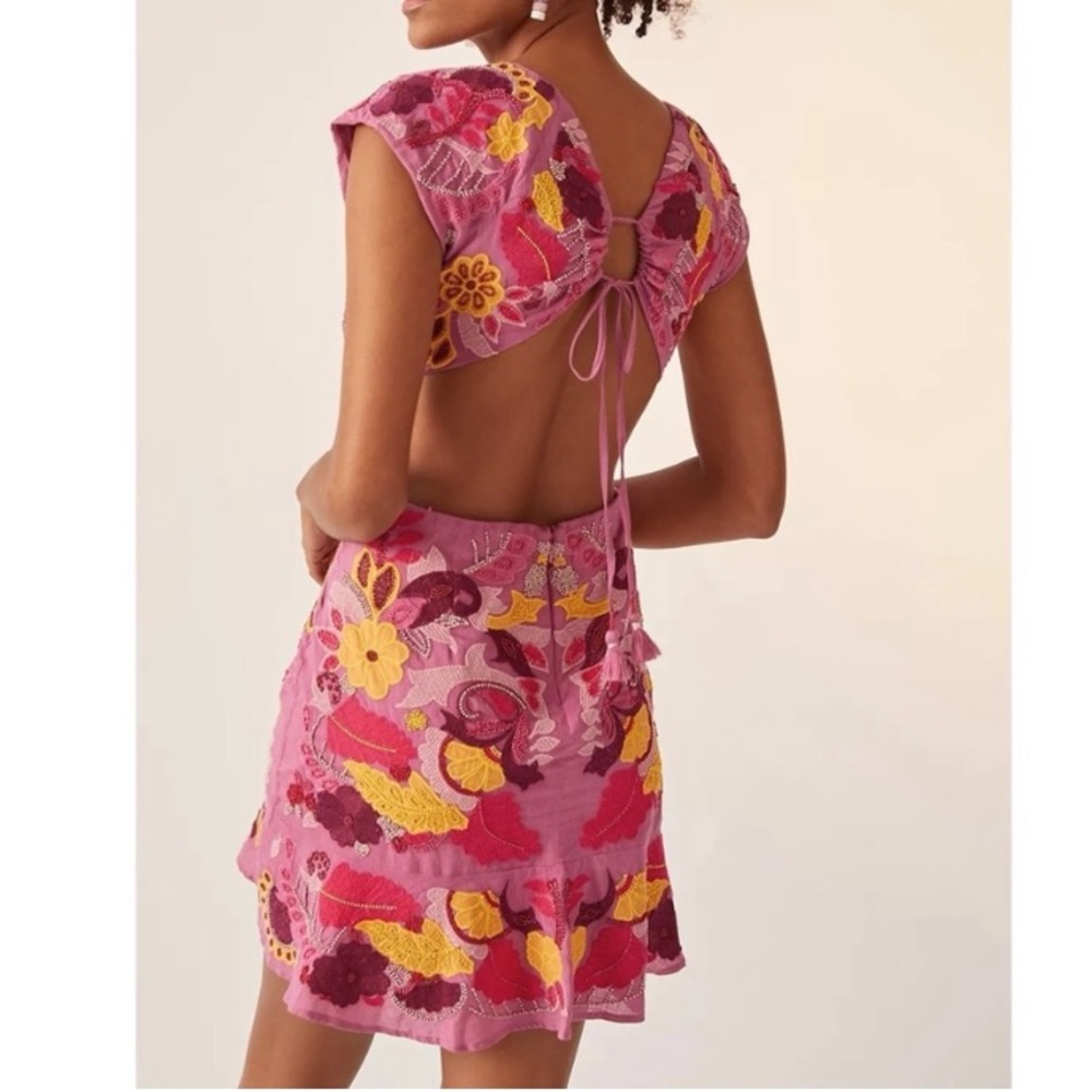 NWT Maeve Embroidered Beaded Floral Cutout Backless Mauve Pink Mini Dress
